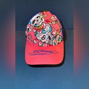 Y2K Ed Hardy pink and blue skull’s embroidered women’s tucker hat